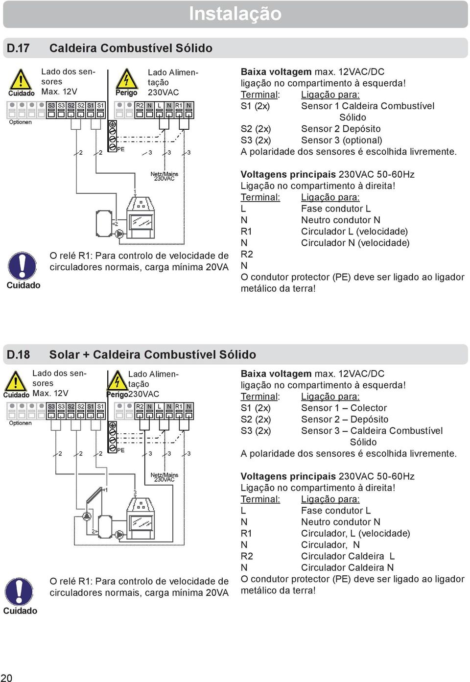 O relé R1: Para controlo de velocidade de circuladores normais, carga mínima 20VA Voltagens principais 230VAC 50-60Hz Ligação no compartimento à direita!