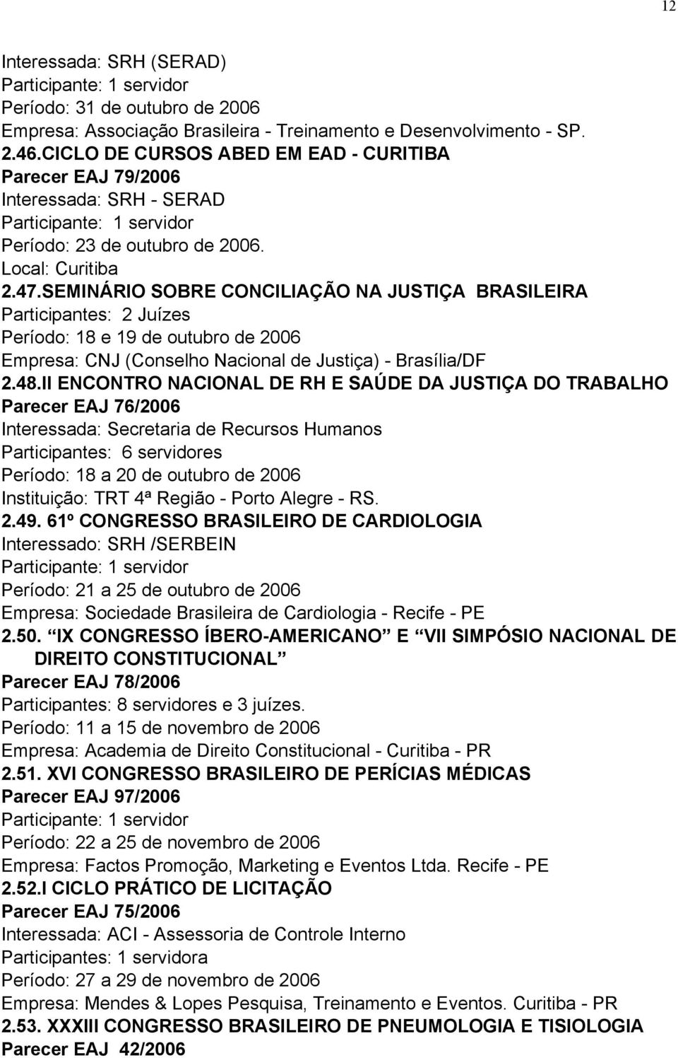 SEMINÁRIO SOBRE CONCILIAÇÃO NA JUSTIÇA BRASILEIRA Participantes: 2 Juízes Período: 18 e 19 de outubro de 2006 Empresa: CNJ (Conselho Nacional de Justiça) - Brasília/DF 2.48.