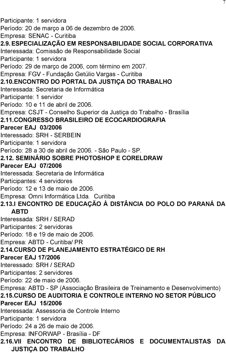 Empresa: FGV - Fundação Getúlio Vargas - Curitiba 2.10.ENCONTRO DO PORTAL DA JUSTIÇA DO TRABALHO Período: 10 e 11 de abril de 2006.