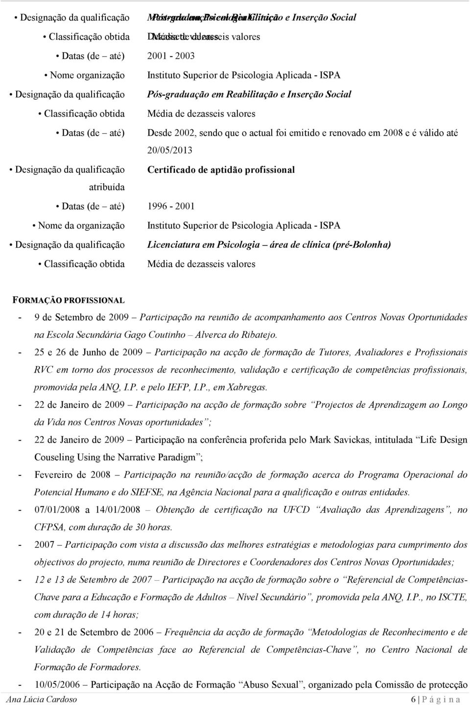 Inserção Social Média de dezasseis valores Desde 2002, sendo que o actual foi emitido e renovado em 2008 e é válido até 20/05/2013 Certificado de aptidão profissional Datas (de até) 1996-2001 Nome da