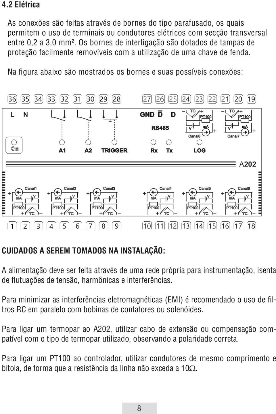 Na figura abaixo são mostrados os bornes e suas possíveis conexões: 36 35 34 33 32 3 30 29 28 27 26 25 24 23 22 2 20 9 L N GND D D TC PT00 TC PT00 RS485 V ma V ma Canal8 Canal7 A A2 TRIGGER Rx Tx LOG