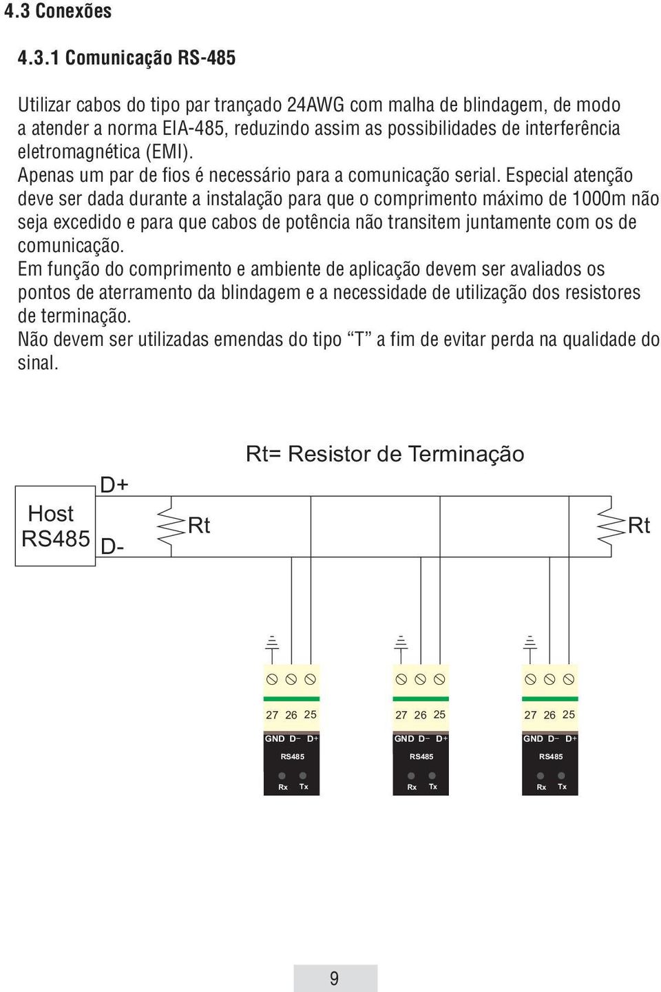 Especial atenção deve ser dada durante a instalação para que o comprimento máximo de 000m não seja excedido e para que cabos de potência não transitem juntamente com os de comunicação.