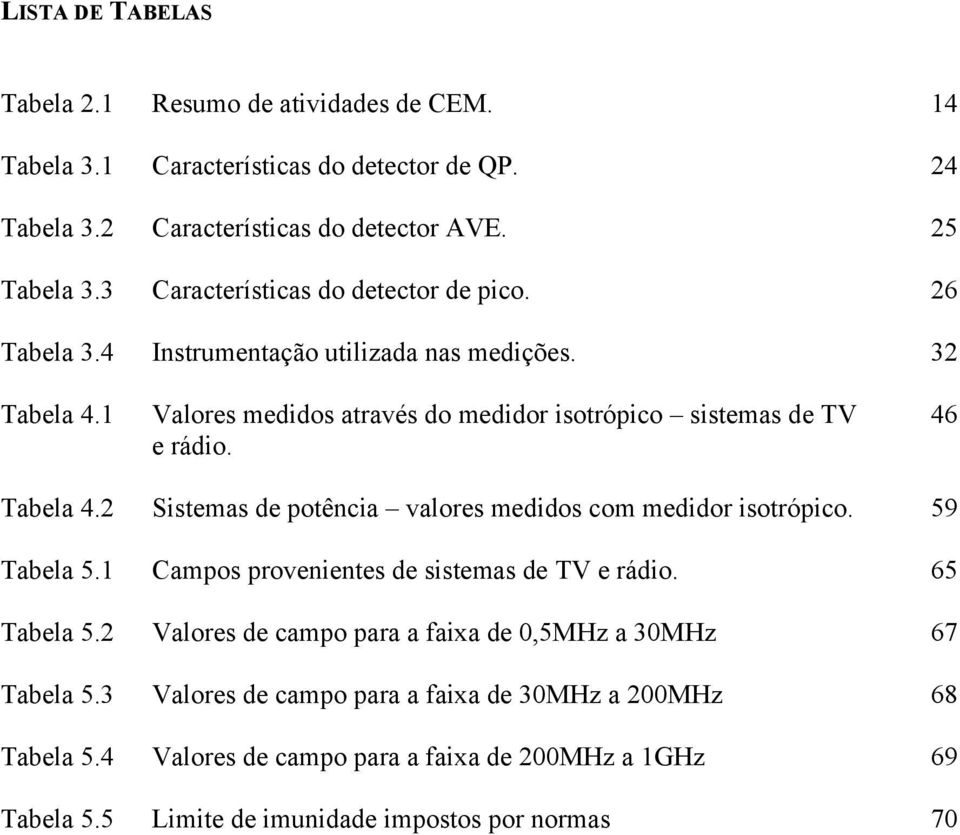 46 Tabela 4.2 Sistemas de potência valores medidos com medidor isotrópico. 59 Tabela 5.1 Campos provenientes de sistemas de TV e rádio. 65 Tabela 5.