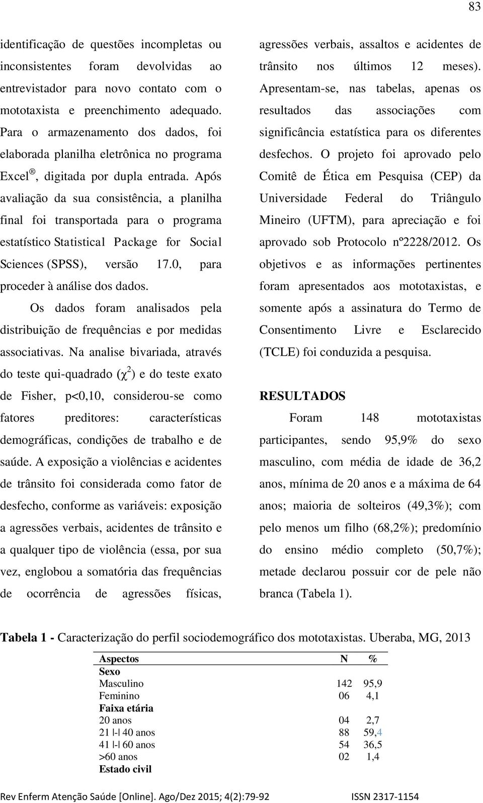 Após avaliação da sua consistência, a planilha final foi transportada para o programa estatístico Statistical Package for Social Sciences (SPSS), versão 17.0, para proceder à análise dos dados.