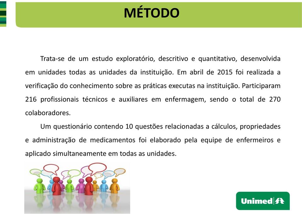 Participaram 216 profissionais técnicos e auxiliares em enfermagem, sendo o total de 270 colaboradores.