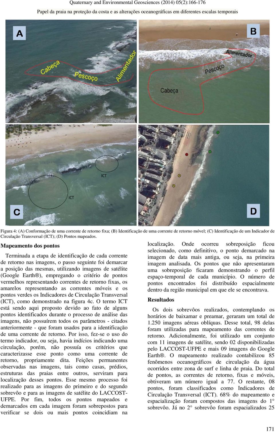 empregando o critério de pontos vermelhos representando correntes de retorno fixas, os amarelos representando as correntes móveis e os pontos verdes os Indicadores de Circulação Transversal (ICT),