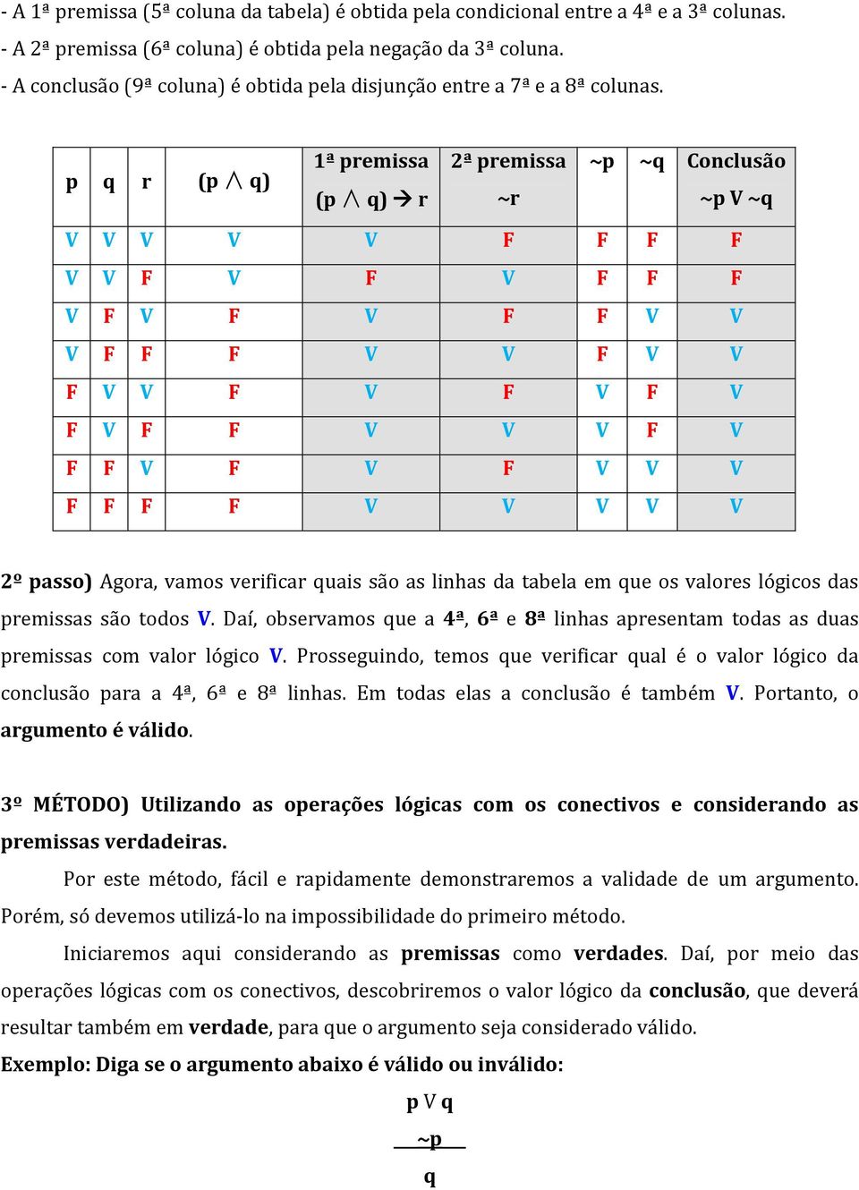 p q r (p q) 1ª premissa (p q) r 2ª premissa ~r ~p ~q Conclusão ~p V ~q V V V V V F F F F V V F V F V F F F V F V F V F F V V V F F F V V F V V F V V F V F V F V F V F F V V V F V F F V F V F V V V F