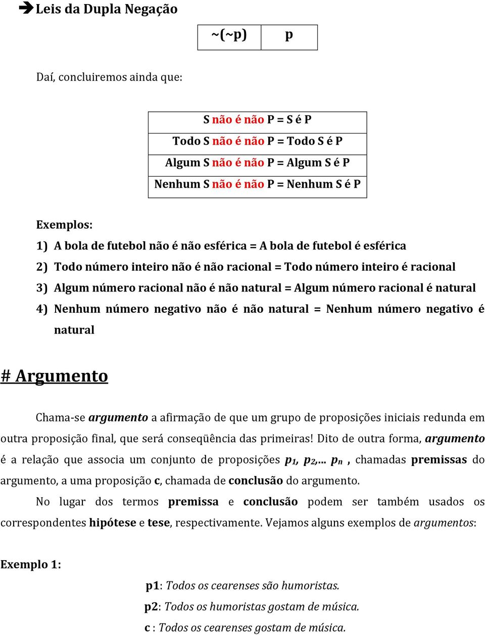 racional é natural 4) Nenhum número negativo não é não natural = Nenhum número negativo é natural # Argumento Chama-se argumento a afirmação de que um grupo de proposições iniciais redunda em outra