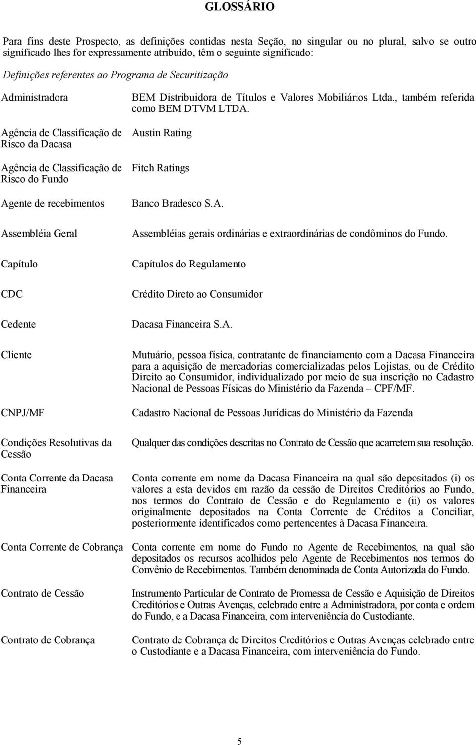 Cedente Cliente CNPJ/MF Condições Resolutivas da Cessão Conta Corrente da Dacasa Financeira BEM Distribuidora de Títulos e Valores Mobiliários Ltda., também referida como BEM DTVM LTDA.