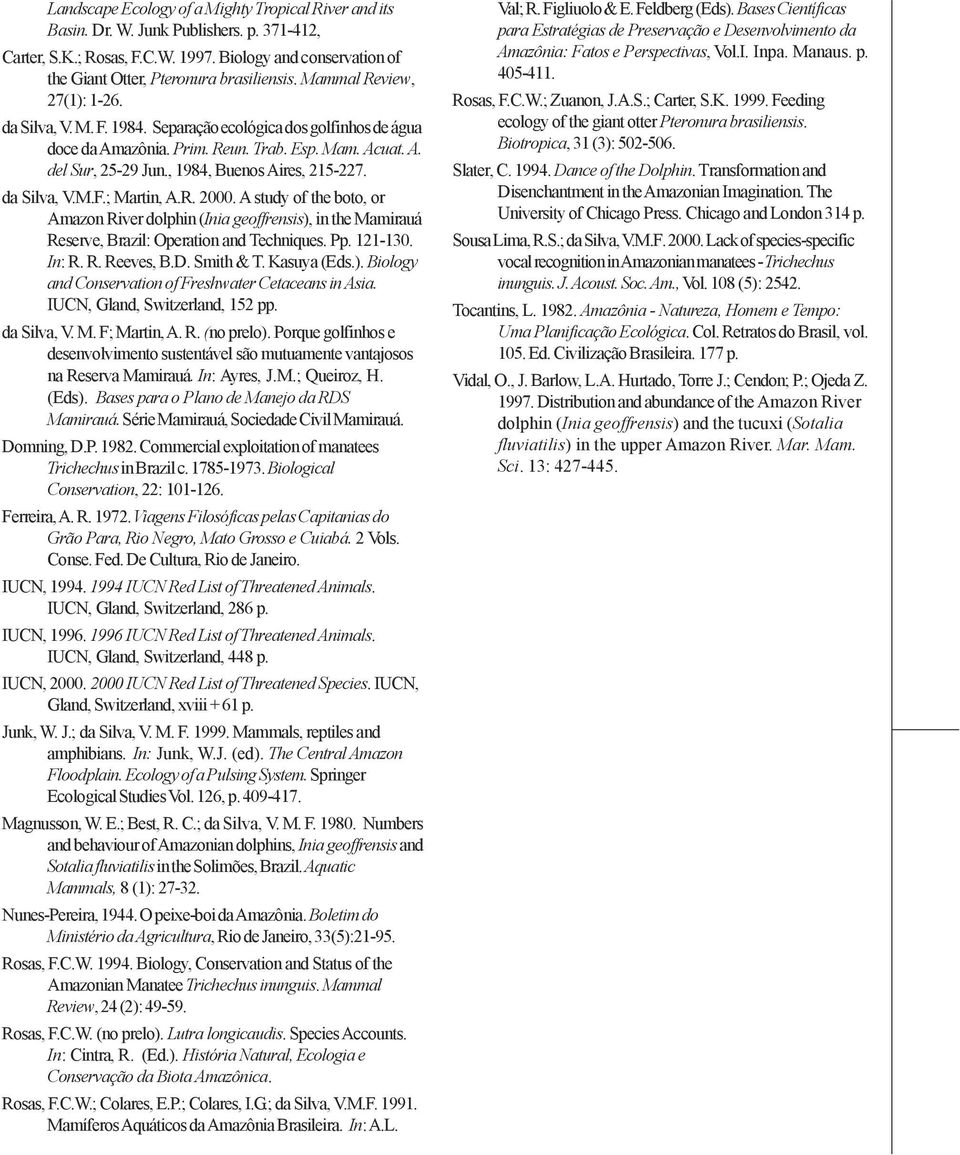 da Silva, V.M.F.; Martin, A.R. 2000. A study of the boto, or Amazon River dolphin (Inia geoffrensis), in the Mamirauá Reserve, Brazil: Operation and Techniques. Pp. 121-130. In: R. R. Reeves, B.D.