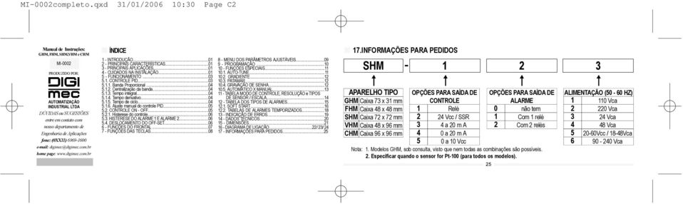 Engenharia de Aplicações fone: (0XX11) 6969-1600 e-mail: digimec@digimec.com.br home page: www.digimec.com.br ÍNDICE 1 - INTRODUÇÃO...01 2 - PRINCIPAIS CARACTERÍSTICAS...01 3 - PRINCIPAIS APLICAÇÕES.