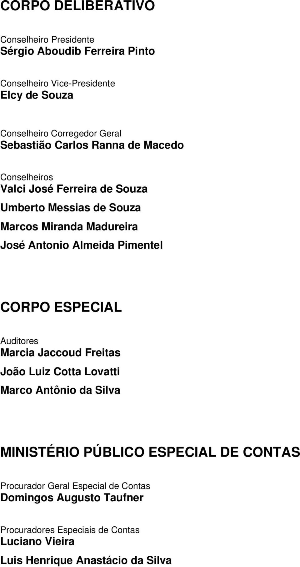 Almeida Pimentel CORPO ESPECIAL Auditores Marcia Jaccoud Freitas João Luiz Cotta Lovatti Marco Antônio da Silva MINISTÉRIO PÚBLICO ESPECIAL DE