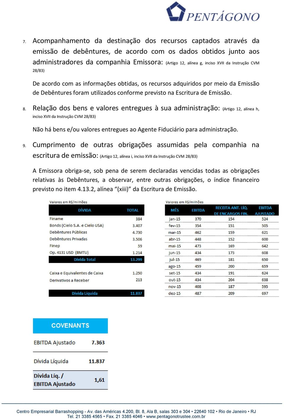 Relação dos bens e valores entregues à sua administração: (Artigo 12, alínea h, inciso XVII da Instrução CVM 28/83) Não há bens e/ou valores entregues ao Agente Fiduciário para administração. 9.