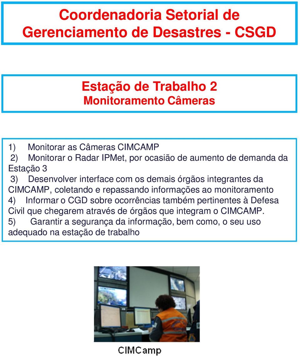 repassando informações ao monitoramento 4) Informar o CGD sobre ocorrências também pertinentes à Defesa Civil que