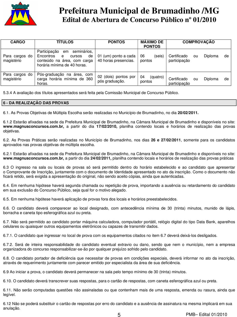 02 (dois) pontos por pós graduação. 04 (quatro) pontos Certificado ou Diploma de participação 5.3.4 A avaliação dos títulos apresentados será feita pela Comissão Municipal de Concurso Público.