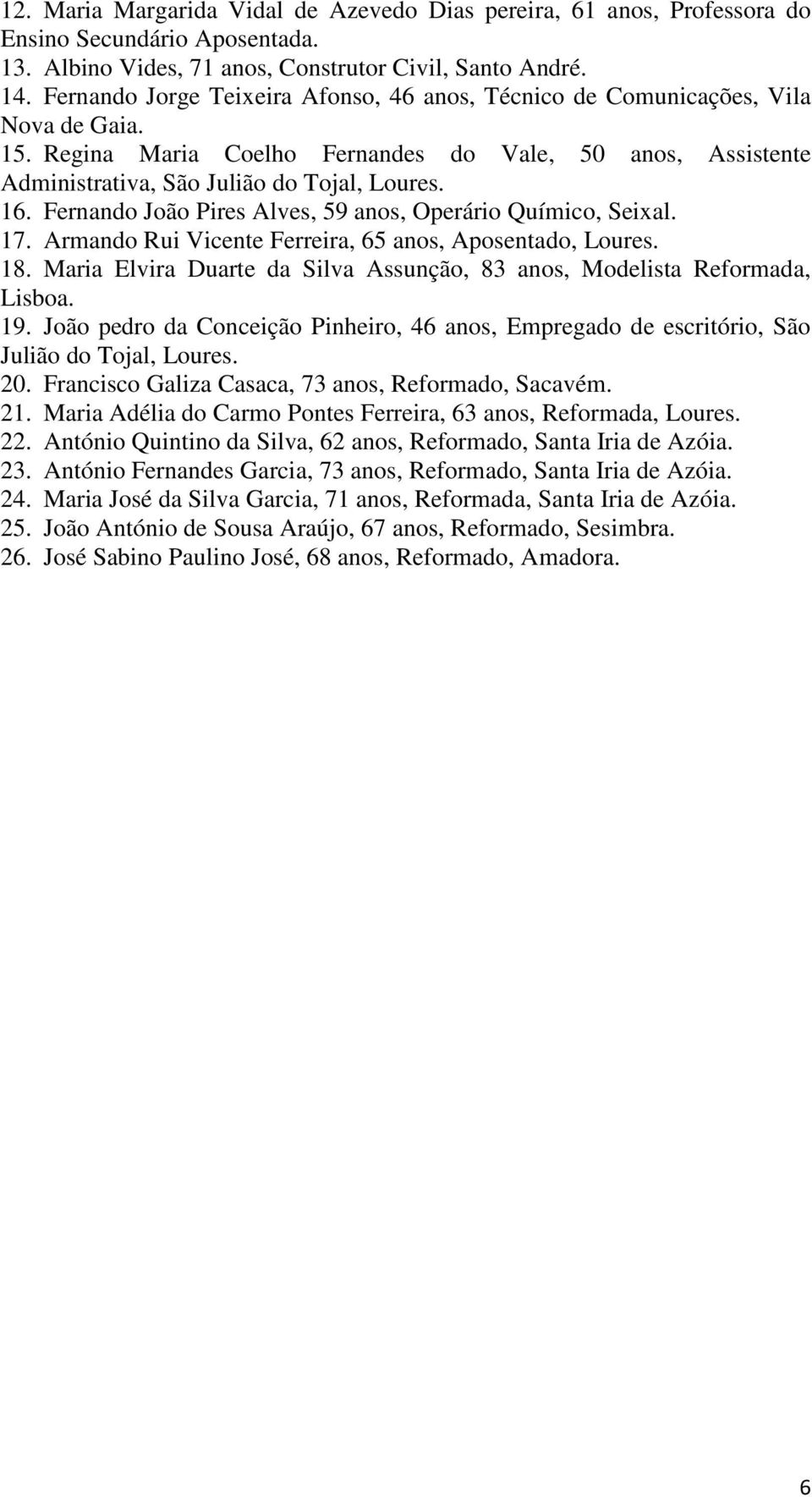Fernando João Pires Alves, 59 anos, Operário Químico, Seixal. 17. Armando Rui Vicente Ferreira, 65 anos, Aposentado, Loures. 18.