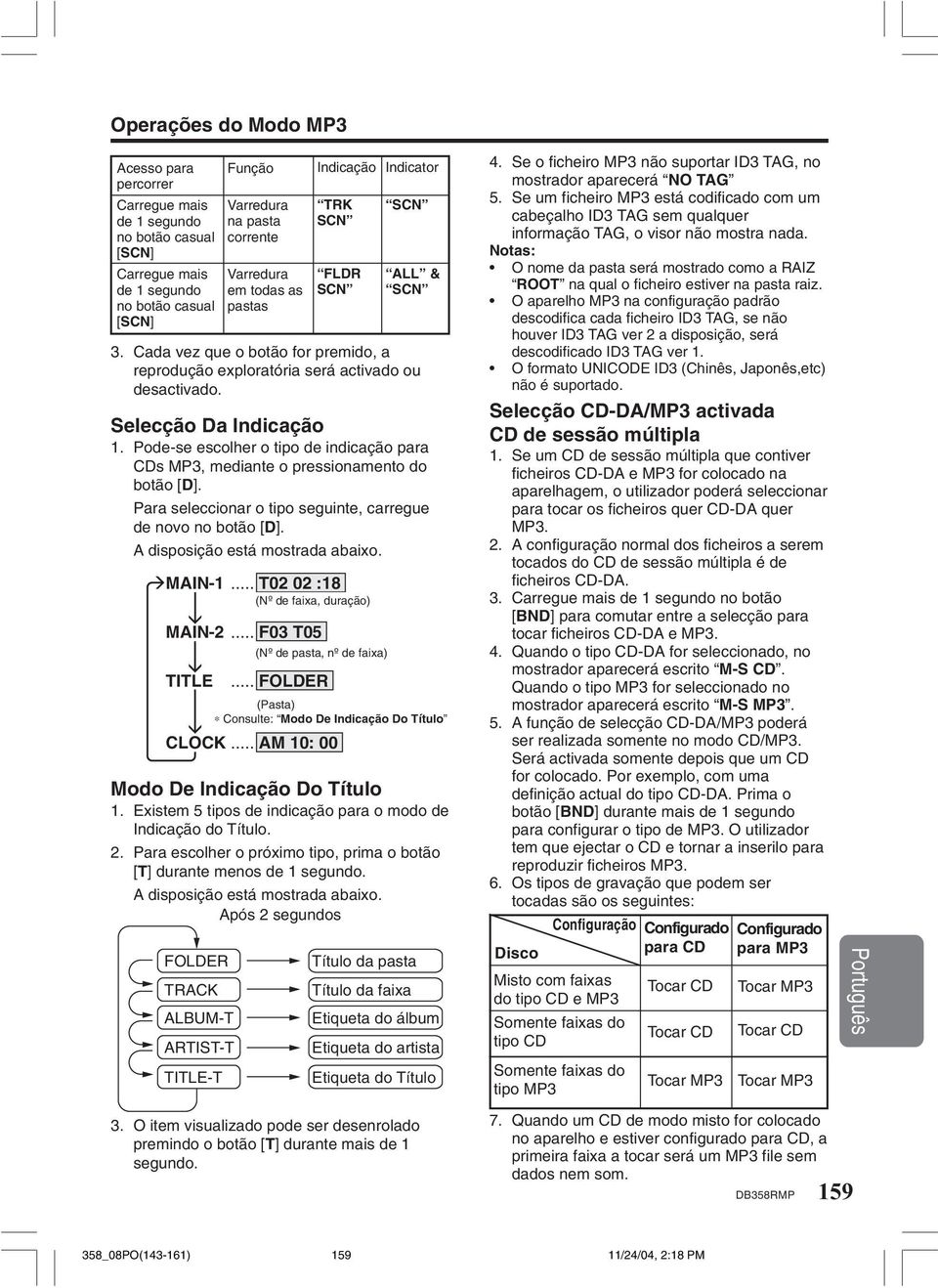 Pode-se escolher o tipo de indicação para CDs MP3, mediante o pressionamento do botão [D]. Para seleccionar o tipo seguinte, carregue de novo no botão [D]. A disposição está mostrada abaixo. MAIN-1.