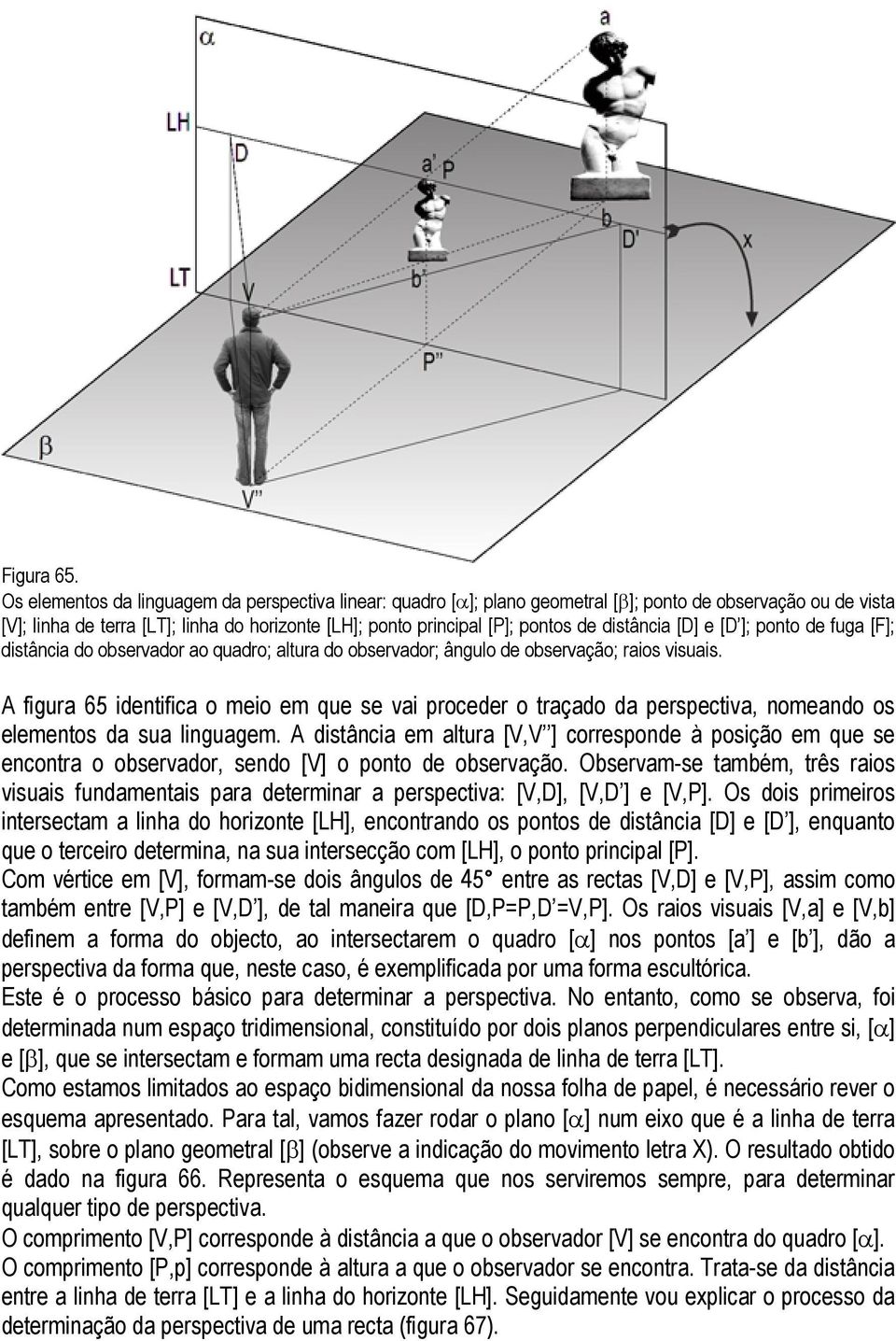 distância [D] e [D ]; ponto de fuga [F]; distância do observador ao quadro; altura do observador; ângulo de observação; raios visuais.