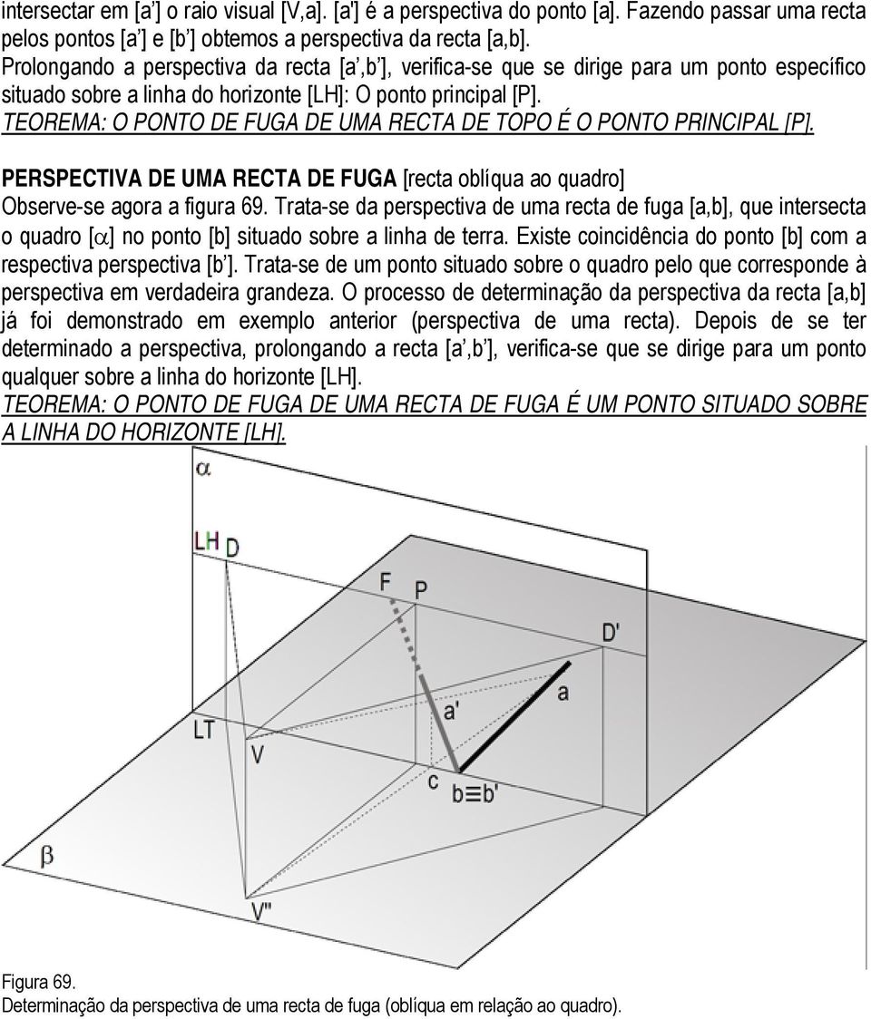 TEOREMA: O PONTO DE FUGA DE UMA RECTA DE TOPO É O PONTO PRINCIPAL [P]. PERSPECTIVA DE UMA RECTA DE FUGA [recta oblíqua ao quadro] Observe-se agora a figura 69.