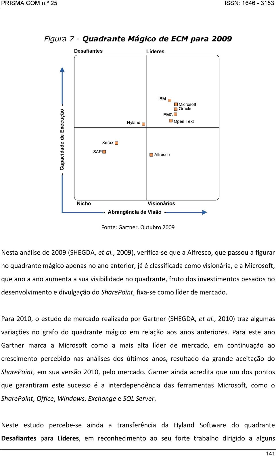 , 2009), verifica-se que a Alfresco, que passou a figurar no quadrante mágico apenas no ano anterior, já é classificada como visionária, e a Microsoft, que ano a ano aumenta a sua visibilidade no