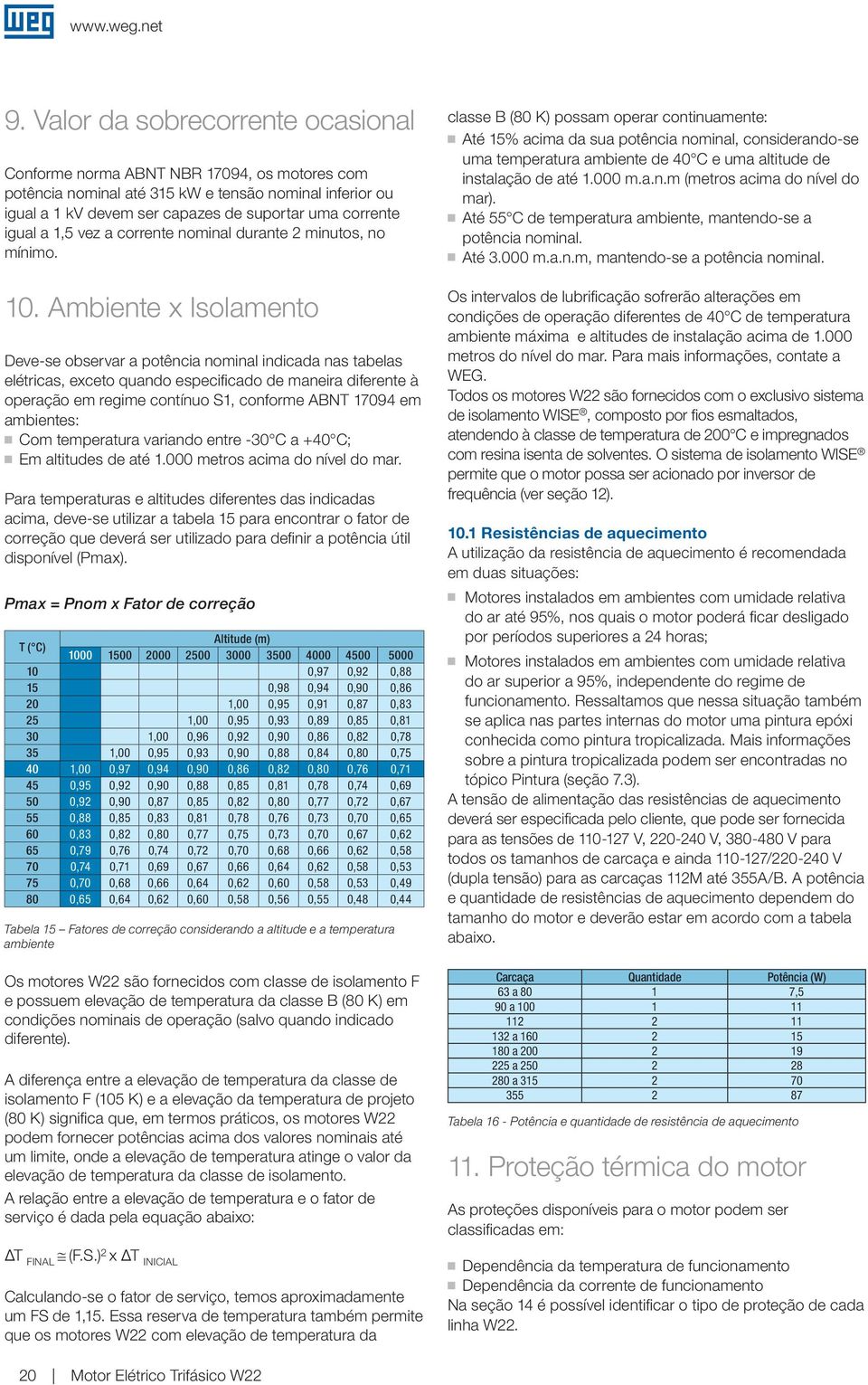 Ambiente x Isolamento Deve-se observar a potência nominal indicada nas tabelas elétricas, exceto quando especificado de maneira diferente à operação em regime contínuo S1, conforme ABNT 17094 em