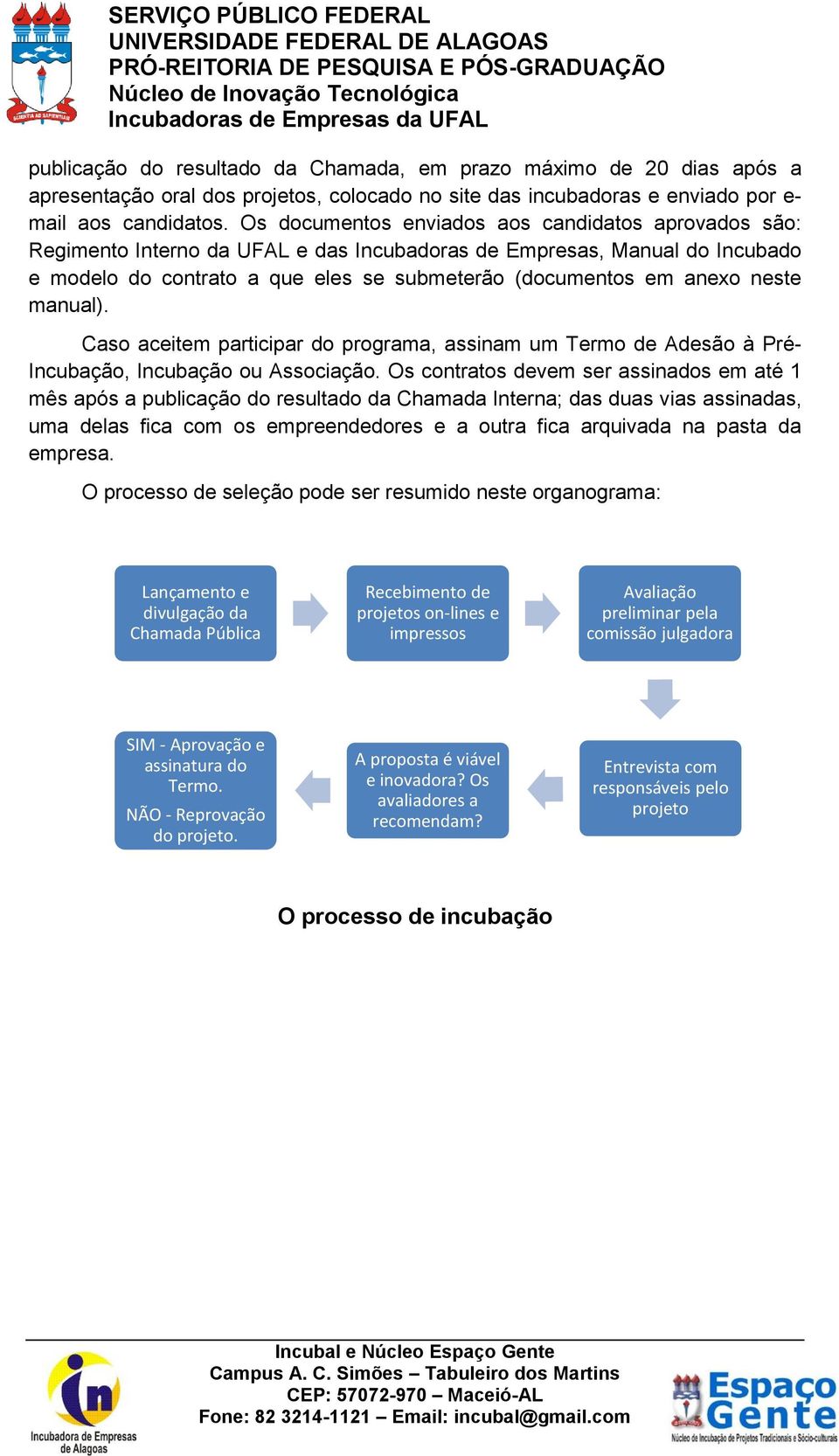 neste manual). Caso aceitem participar do programa, assinam um Termo de Adesão à Pré- Incubação, Incubação ou Associação.