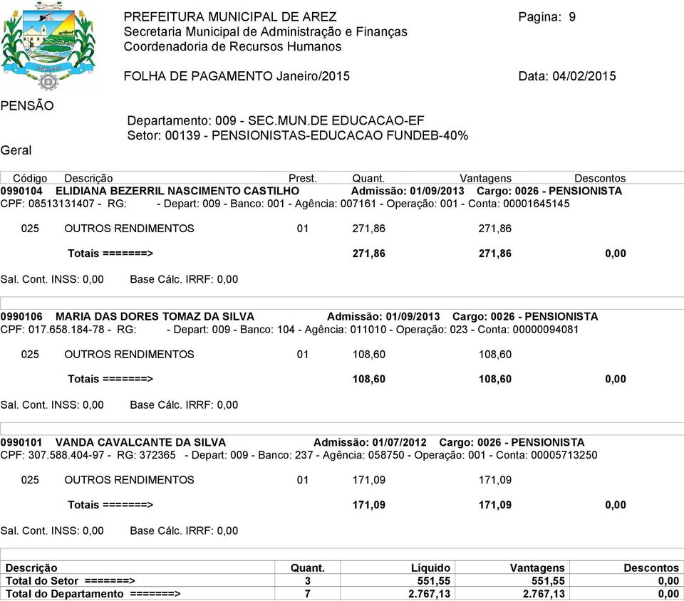 DE EDUCACAO-EF Setor: 00139 - PENSIONISTAS-EDUCACAO FUNDEB-40% 0990104 ELIDIANA BEZERRIL NASCIMENTO CASTILHO Admissão: 01/09/2013 Cargo: 0026 - PENSIONISTA CPF: 08513131407 - RG: - Depart: 009 -