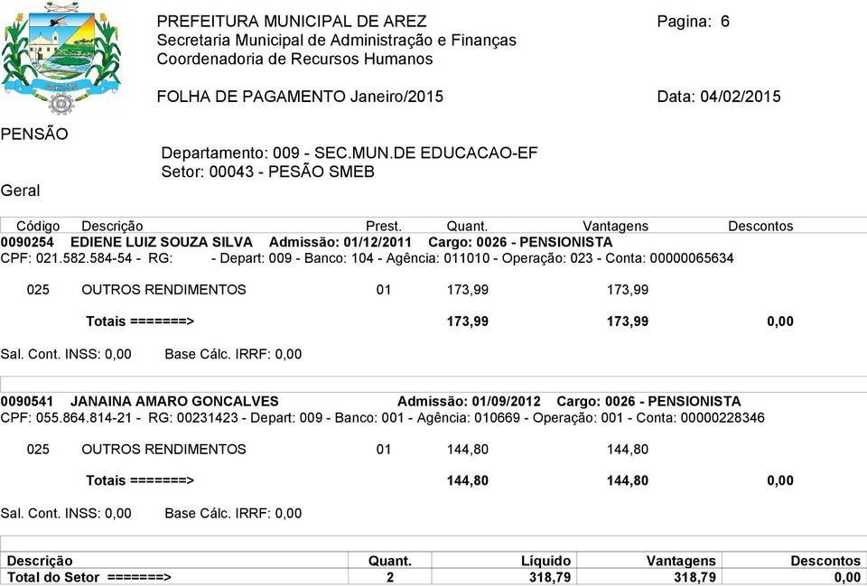 0,00 0090541 JANAINA AMARO GONCALVES Admissão: 01/09/2012 Cargo: 0026 - PENSIONISTA CPF: 055.864.