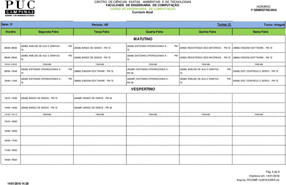 SISTEMAS OPERACIONAIS A - PM (39659) ENGENH SOFTWARE - PM (05439P) SISTEMAS OPERACIONAIS A - PM 36 (05480) ANÁLISE DE ALG E GRAFOS - PM (05459) SIST CONTROLE E SERVO - PM 10h45~11h35 (05439) SISTEMAS