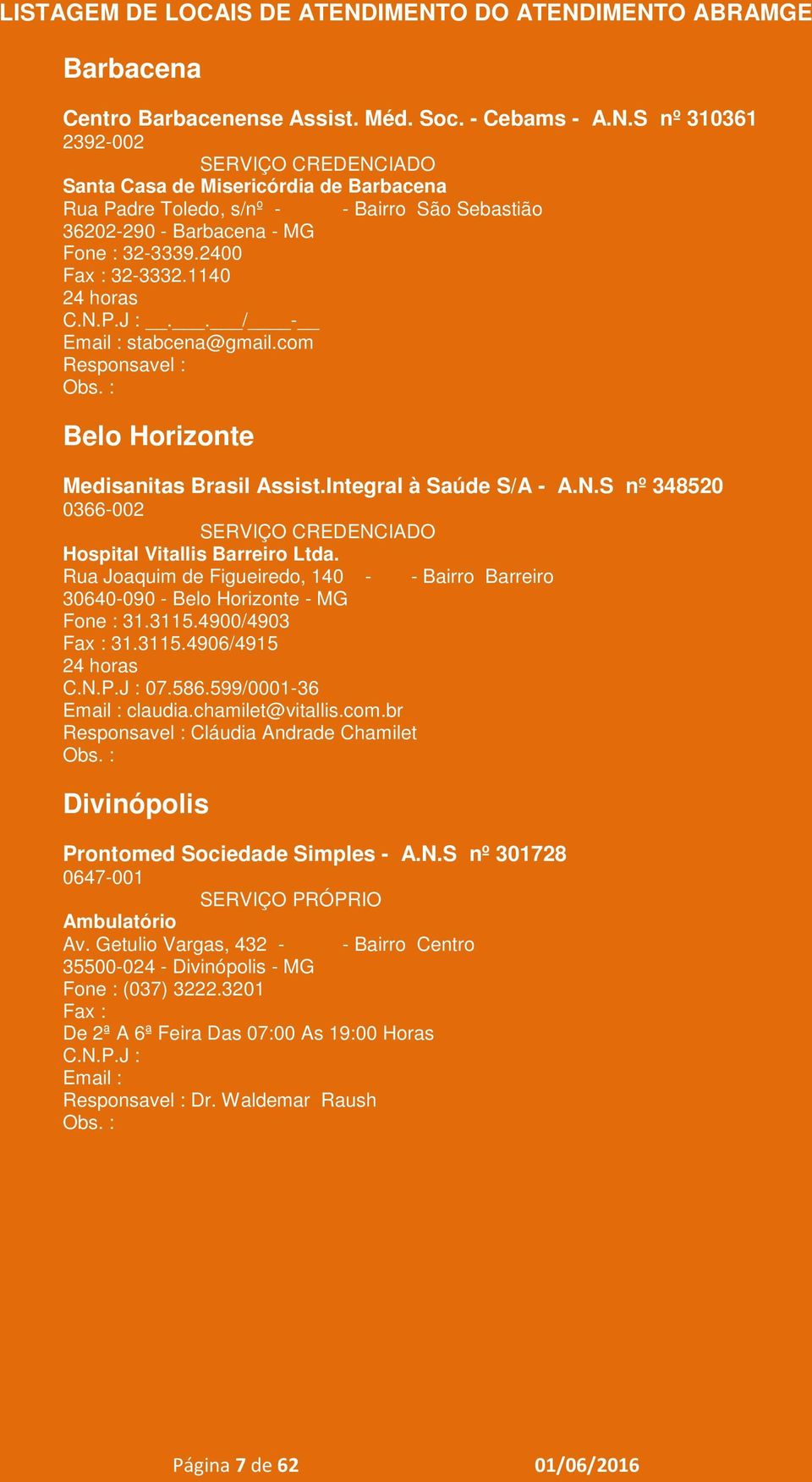 com Belo Horizonte Medisanitas Brasil Assist.Integral à Saúde S/A - A.N.S nº 348520 0366-002 Hospital Vitallis Barreiro Ltda.