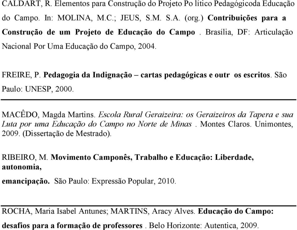 Escola Rural Geraizeira: os Geraizeiros da Tapera e sua Luta por uma Educação do Campo no Norte de Minas. Montes Claros. Unimontes, 2009. (Dissertação de Mestrado). RIBEIRO, M.