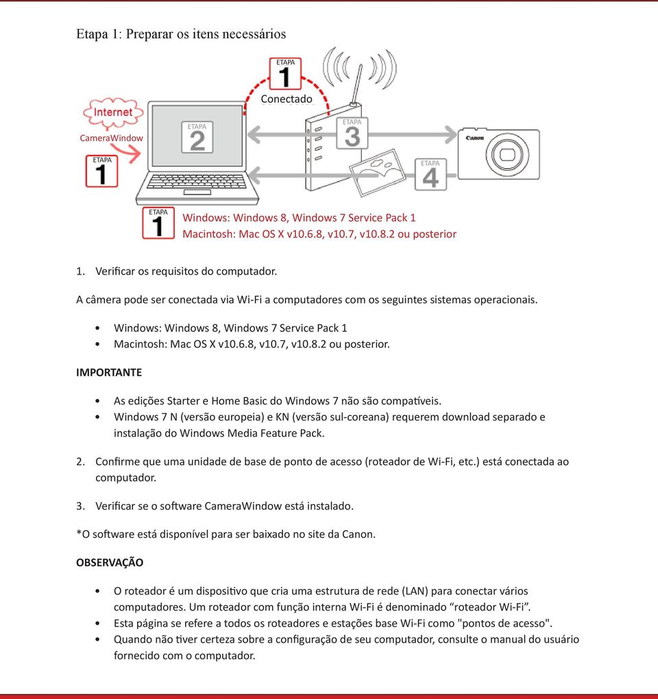 Windows: Windows 8, Windows 7 Service Pack 1 Macintosh: Mac OS X v10.6.8, v10.7, v10.8.2 ou posterior. IMPORTANTE As edições Starter e Home Basic do Windows 7 não são compatíveis.