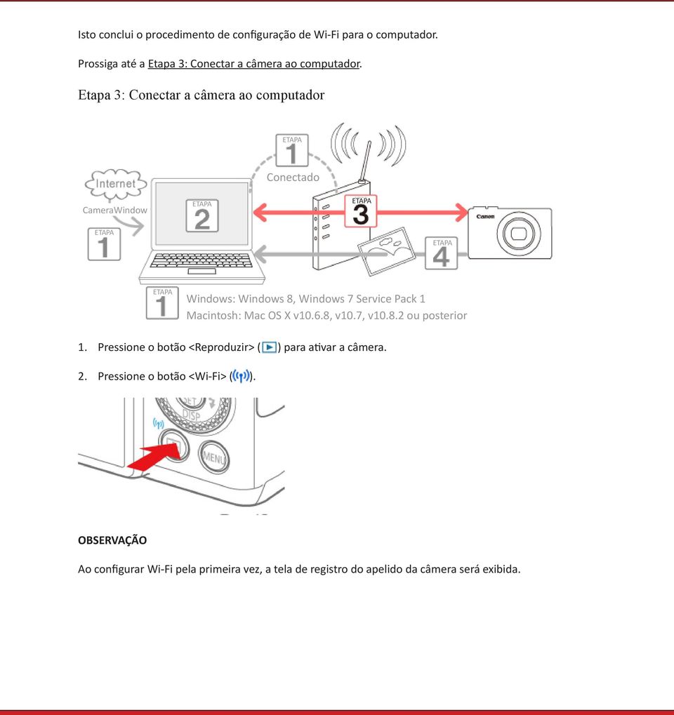 Etapa 3: Conectar a câmera ao computador Conectado CameraWindow Windows: Windows 8, Windows 7 Service Pack 1 Macintosh: