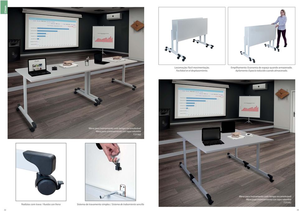 Mesa para treinamento com tampo escamoteável Mesa para entrenamiento con tapa rebatible 725582 Rodízios com trava /