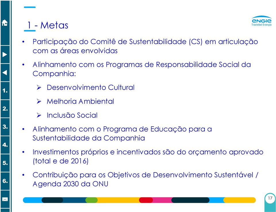 Alinhamento com o Programa de Educação para a Sustentabilidade da Companhia Investimentos próprios e incentivados são