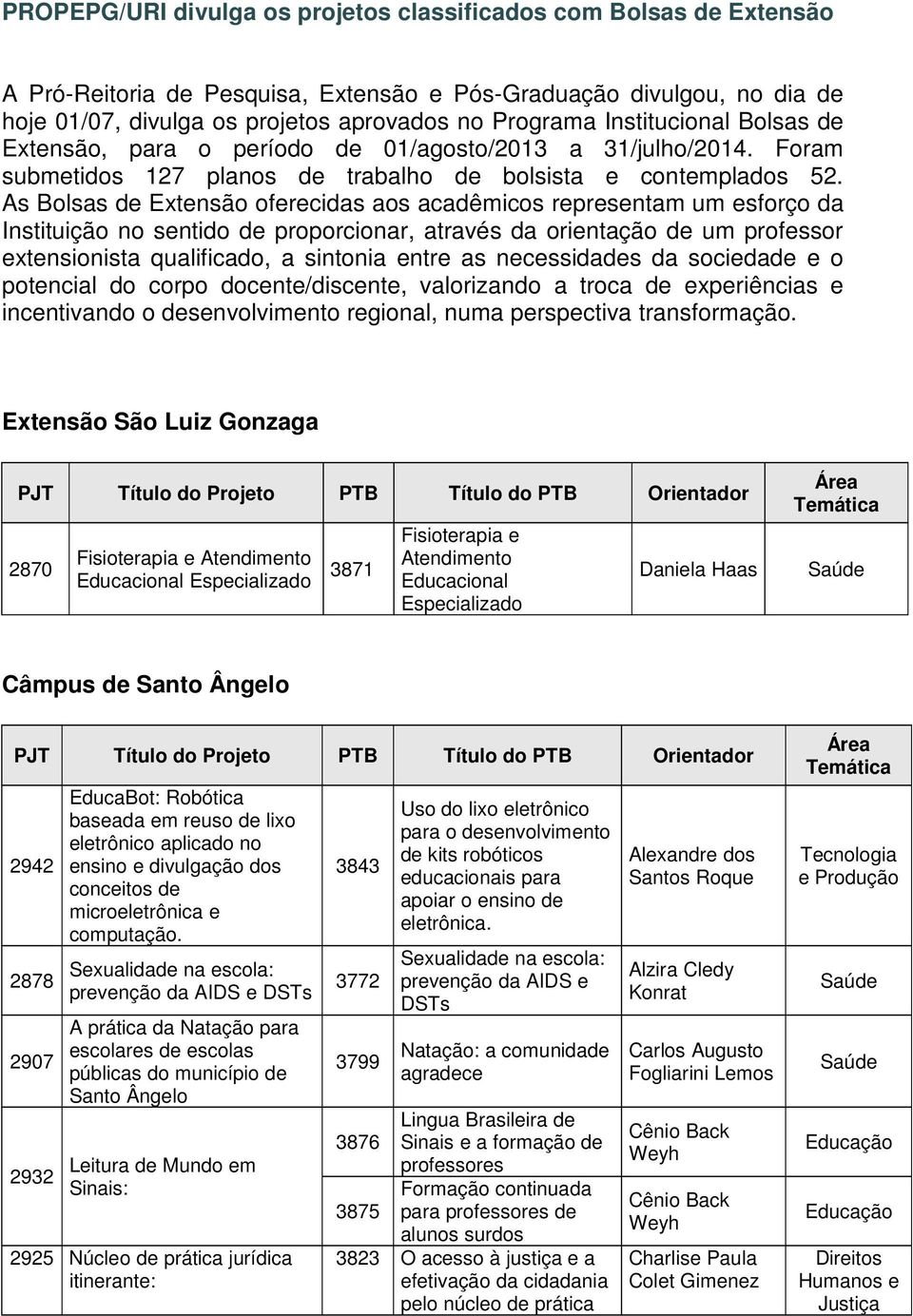 As Bolsas de Extensão oferecidas aos acadêmicos representam um esforço da Instituição no sentido de proporcionar, através da orientação de um professor extensionista qualificado, a sintonia entre as