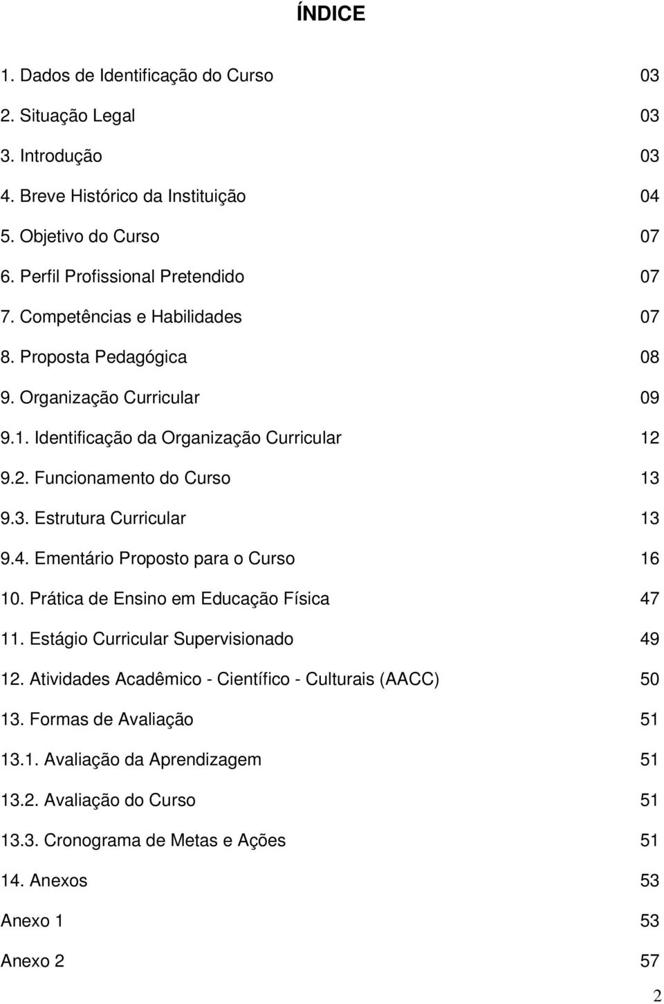 9.2. Funcionamento do Curso 13 9.3. Estrutura Curricular 13 9.4. Ementário Proposto para o Curso 16 10. Prática de Ensino em Educação Física 47 11.