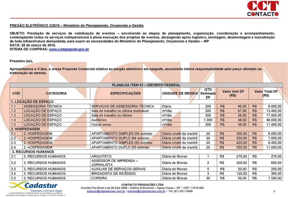 demandada, para suprir as necessidades do Ministério do Planejamento, Orçamento e Gestão MP DATA: 28 de março de 2016. SITEMA DE COMPRAS: www.comprasnet.gov.br Prezados (as), Apresentamos a V.Sas.