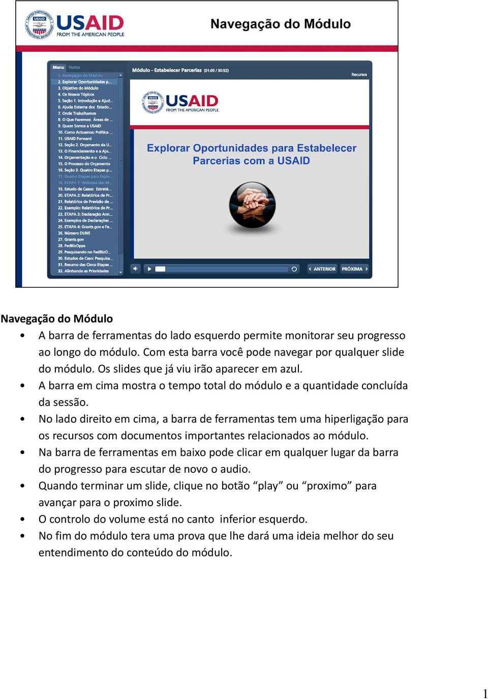 No lado direito em cima, a barra de ferramentas tem uma hiperligação para os recursos com documentos importantes relacionados ao módulo.