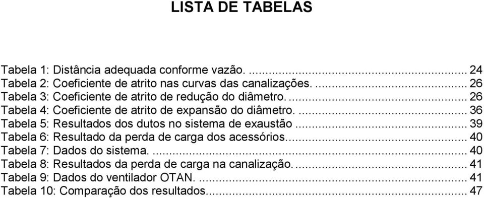 ... 36 Tabela 5: Resultados dos dutos no sistema de exaustão... 39 Tabela 6: Resultado da perda de carga dos acessórios.