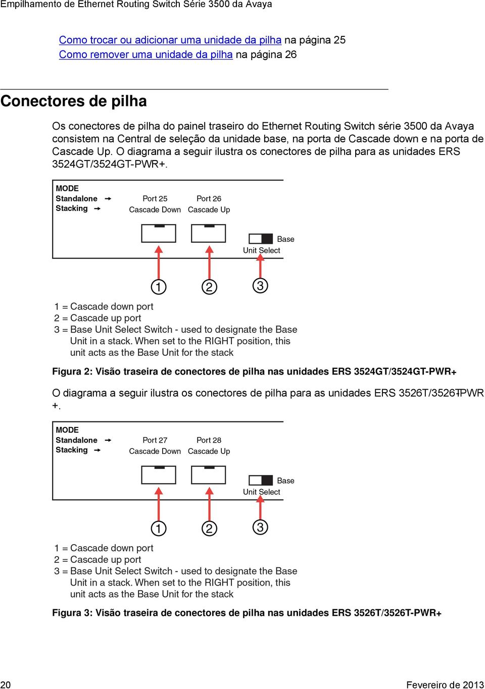 Up. O diagrama a seguir ilustra os conectores de pilha para as unidades ERS 3524GT/3524GT-PWR+.
