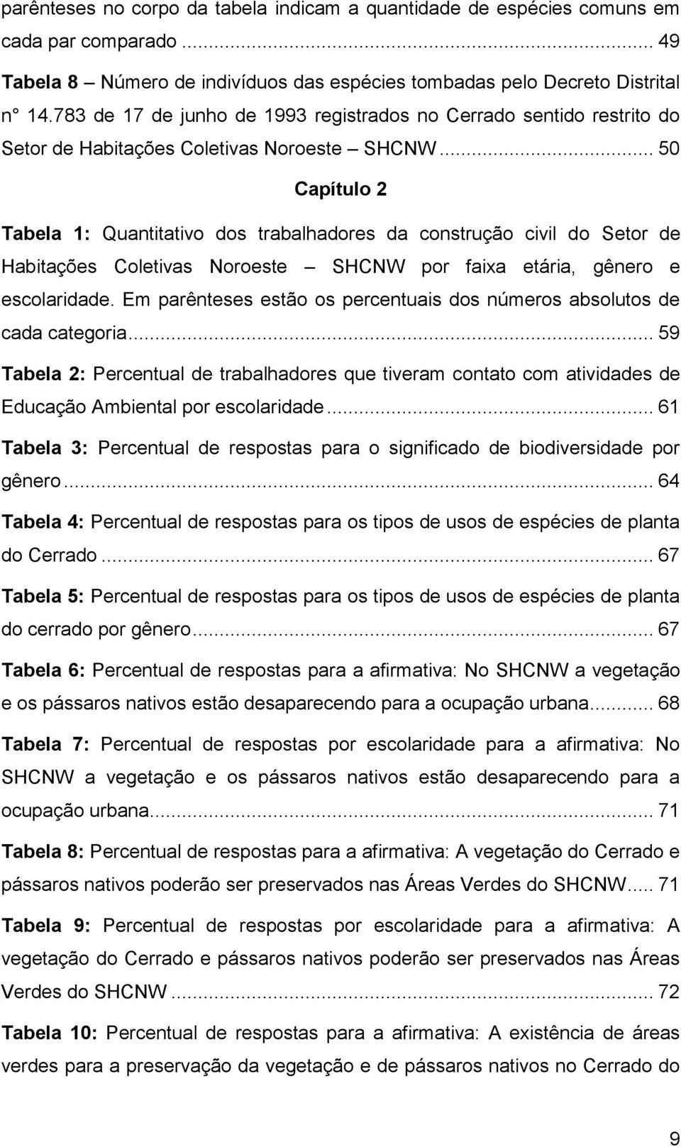 .. 50 Capítulo 2 Tabela 1: Quantitativo dos trabalhadores da construção civil do Setor de Habitações Coletivas Noroeste SHCNW por faixa etária, gênero e escolaridade.