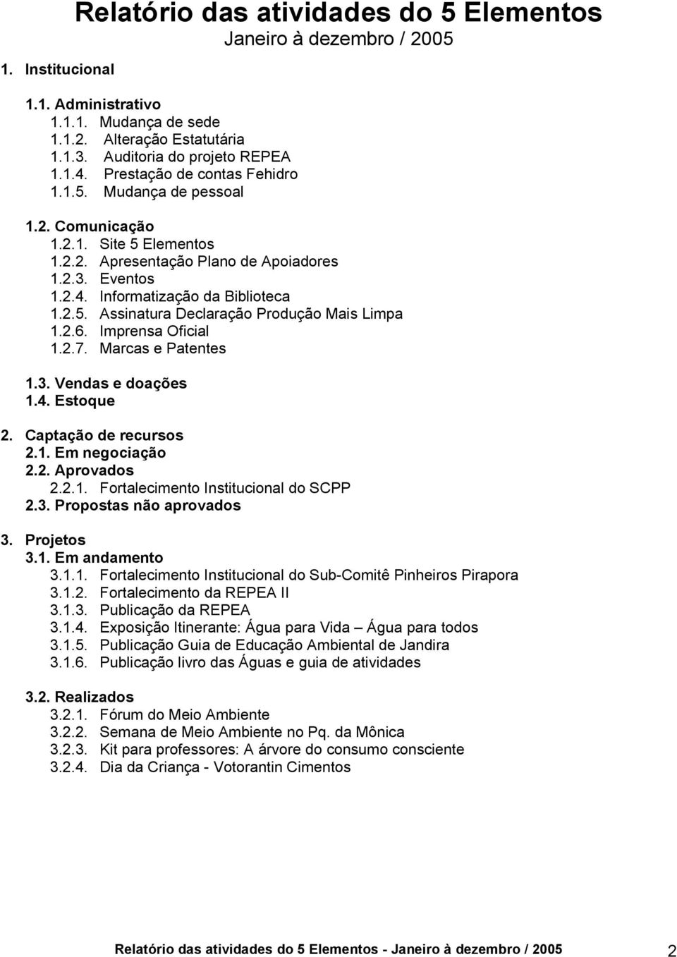 2.6. Imprensa Oficial 1.2.7. Marcas e Patentes 1.3. Vendas e doações 1.4. Estoque 2. Captação de recursos 2.1. Em negociação 2.2. Aprovados 2.2.1. Fortalecimento Institucional do SCPP 2.3. Propostas não aprovados 3.