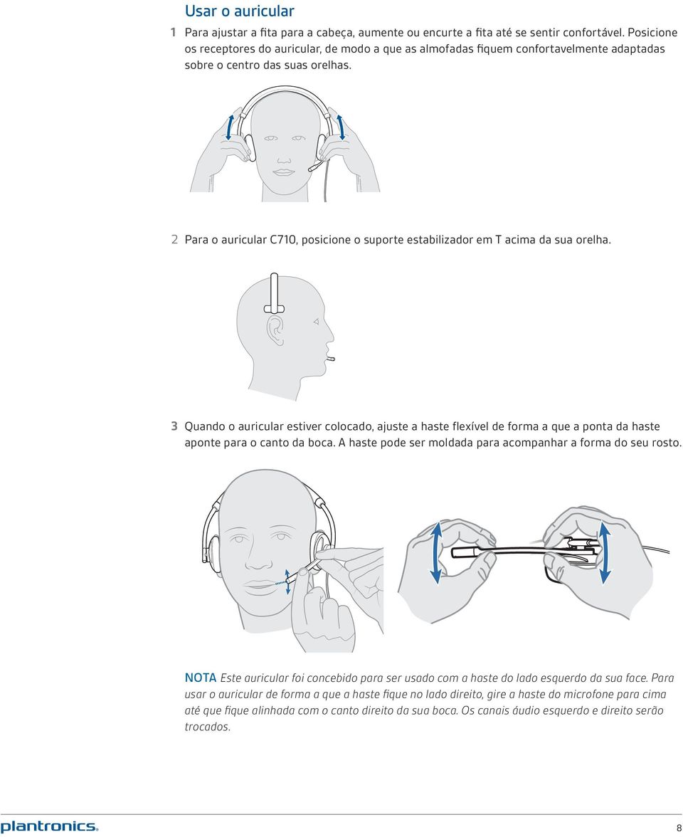 2 Para o auricular C710, posicione o suporte estabilizador em T acima da sua orelha.