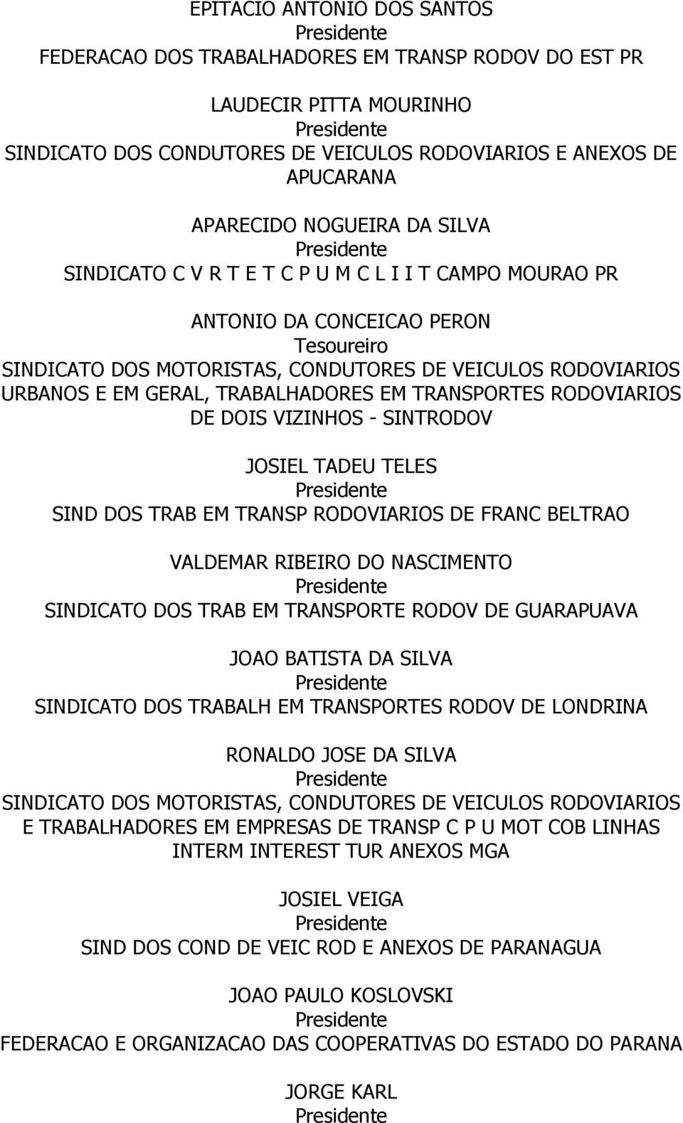 TRANSPORTES RODOVIARIOS DE DOIS VIZINHOS - SINTRODOV JOSIEL TADEU TELES SIND DOS TRAB EM TRANSP RODOVIARIOS DE FRANC BELTRAO VALDEMAR RIBEIRO DO NASCIMENTO SINDICATO DOS TRAB EM TRANSPORTE RODOV DE