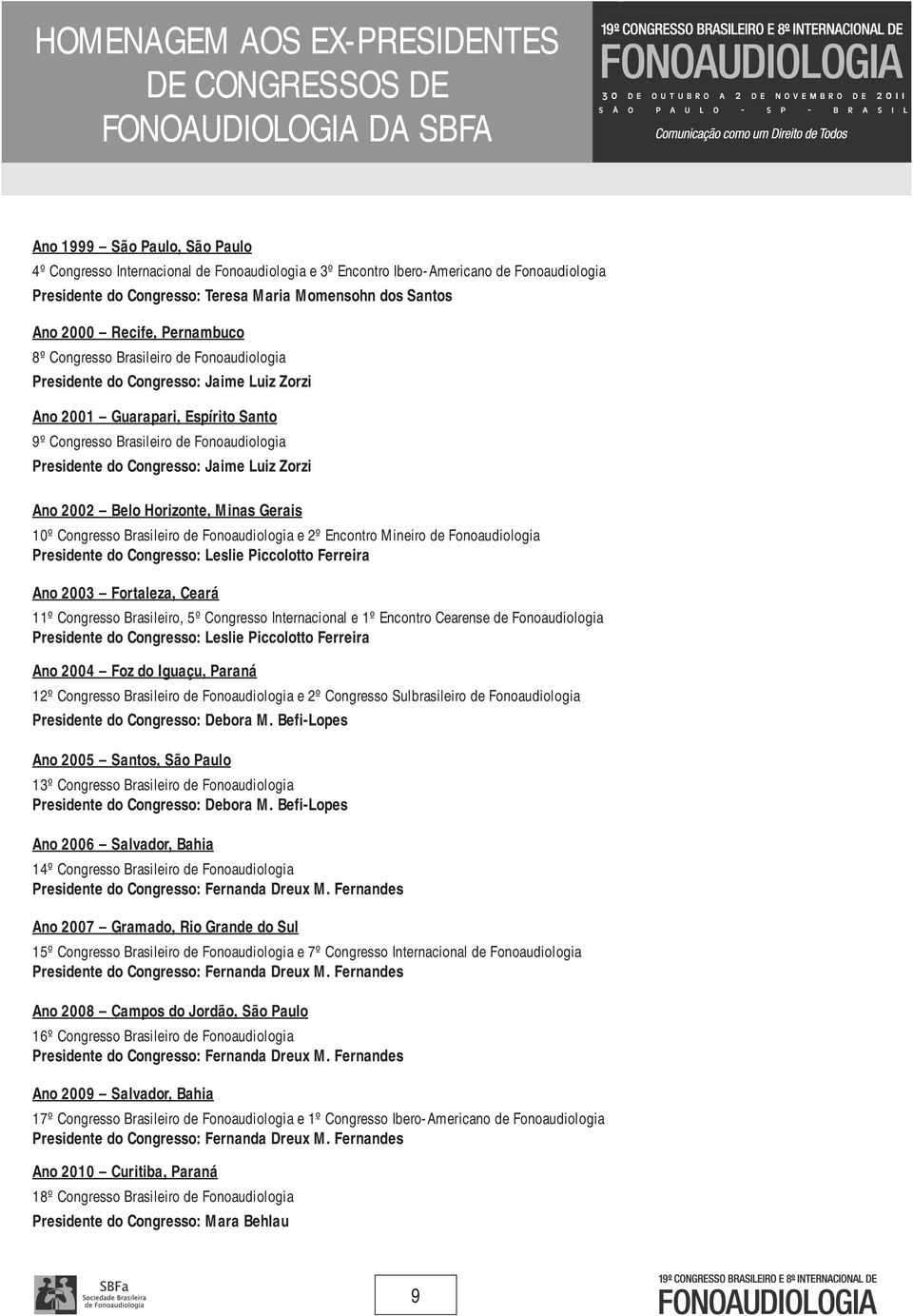 Santo 9º Congresso Brasileiro de Fonoaudiologia Presidente do Congresso: Jaime Luiz Zorzi Ano 2002 Belo Horizonte, Minas Gerais 10º Congresso Brasileiro de Fonoaudiologia e 2º Encontro Mineiro de