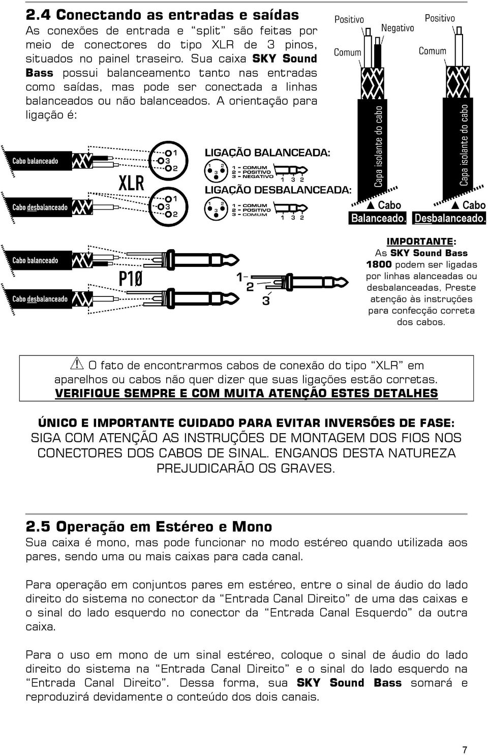 Cabo Desbalanceado. IMPORTANTE: As SKY Sound Bass 1800 podem ser ligadas por linhas alanceadas ou desbalanceadas, Preste atenção às instruções paraa confecção correta dos cabos.