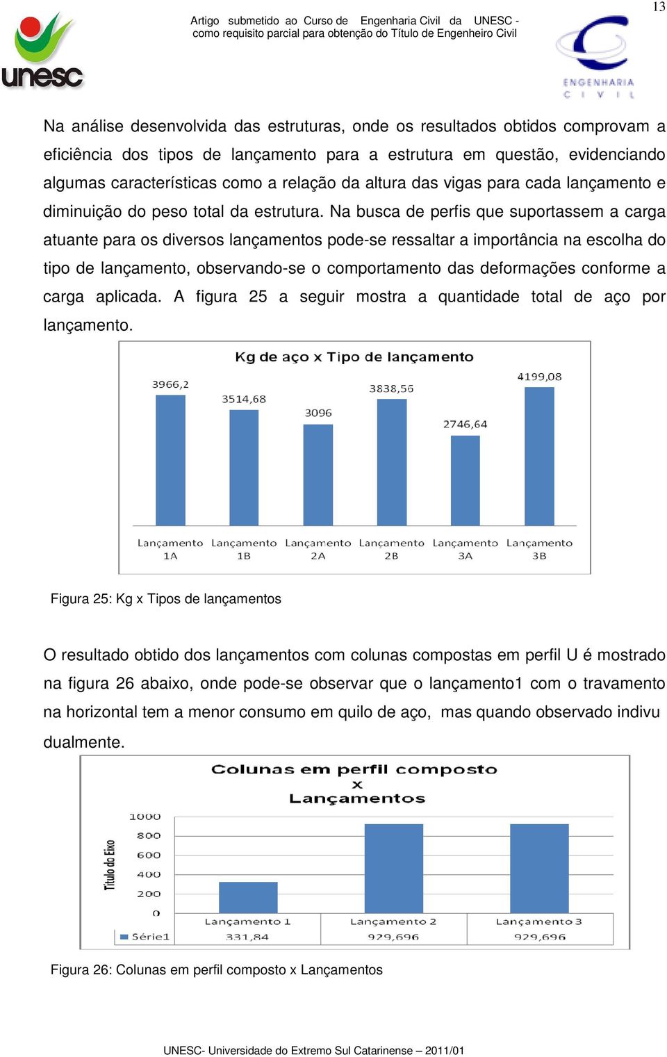 Na busca de perfis que suportassem a carga atuante para os diversos lançamentos pode-se ressaltar a importância na escolha do tipo de lançamento, observando-se o comportamento das deformações