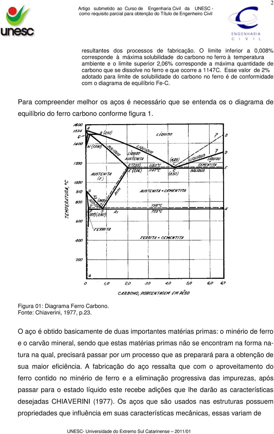 que ocorre a 1147C. Esse valor de 2% adotado para limite de solubilidade do carbono no ferro é de conformidade com o diagrama de equilíbrio Fe-C.