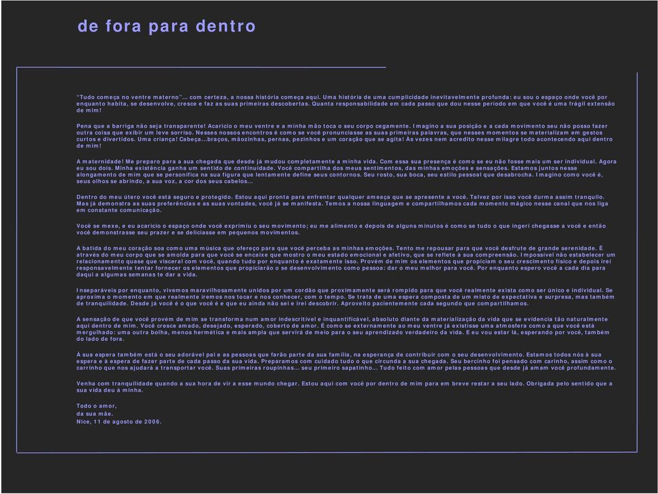 Quanta responsabilidade em cada passo que dou nesse período em que você é uma frágil extensão de mim! Pena que a barriga não seja transparente!